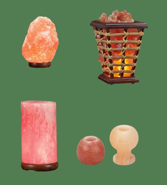 Himalayan Salt Lamps 1 Micro +  1 Wooden Basket Medium Square + 1 Cylinder + 1 Candle Holder Apple + 1 Candle holder Goblet